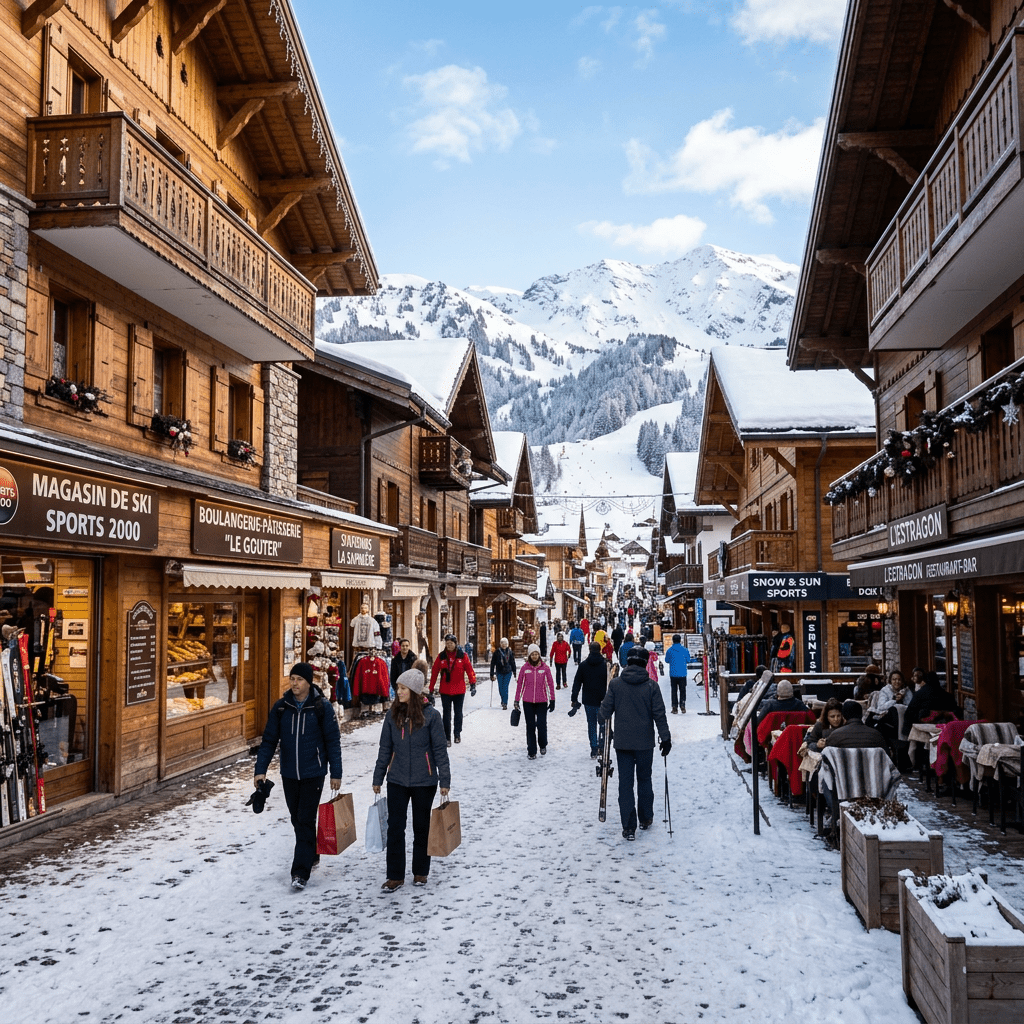 Snow-covered alpine village street with shops, people walking, and snow-capped mountains