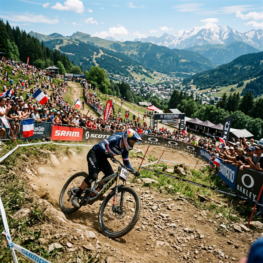Cyclist wearing France jersey riding downhill on rocky mountain trail surrounded by crowd and banners